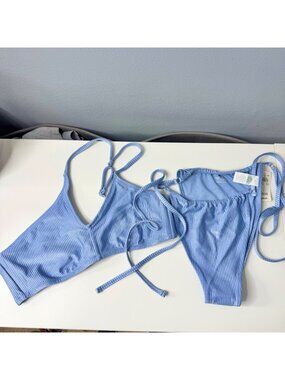 AERIE rib shine one shoulder bandeau & cheekiest bikini in light blue size L